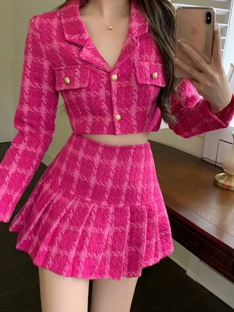 Retro Fashion Set Women's Spring and Autumn New Half Skirt Two Piece Skirt Top Wool ShortJacket Coat Mini Skirt Cover Sweet Suit