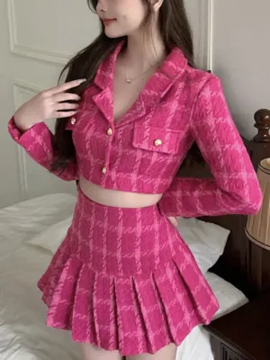 Retro Fashion Set Women's Spring and Autumn New Half Skirt Two Piece Skirt Top Wool ShortJacket Coat Mini Skirt Cover Sweet Suit