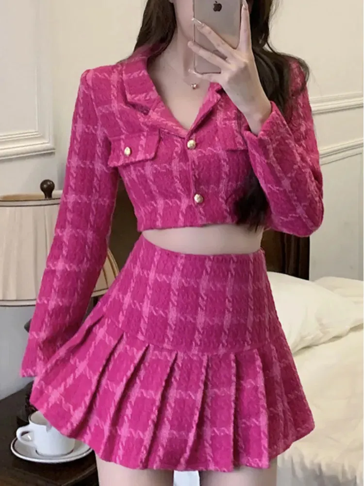 Retro Fashion Set Women's Spring and Autumn New Half Skirt Two Piece Skirt Top Wool ShortJacket Coat Mini Skirt Cover Sweet Suit