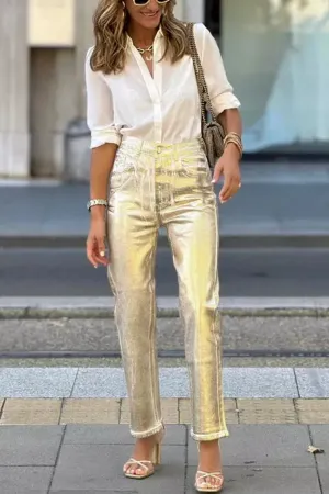 Retro straight-leg gold trousers with loose pockets and wide legs