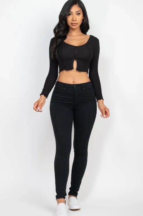 Ribbed Button Front Split Long Sleeve Top