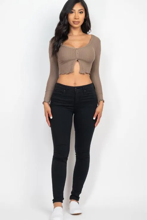 Ribbed Button Front Split Long Sleeve Top