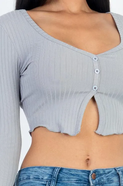Ribbed Button Front Split Long Sleeve Top