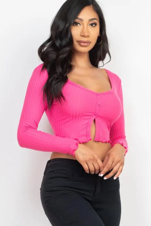 Ribbed Button Front Split Long Sleeve Top