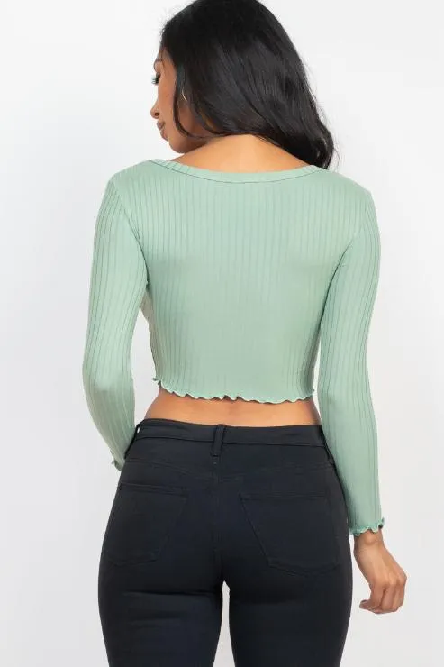 Ribbed Button Front Split Long Sleeve Top