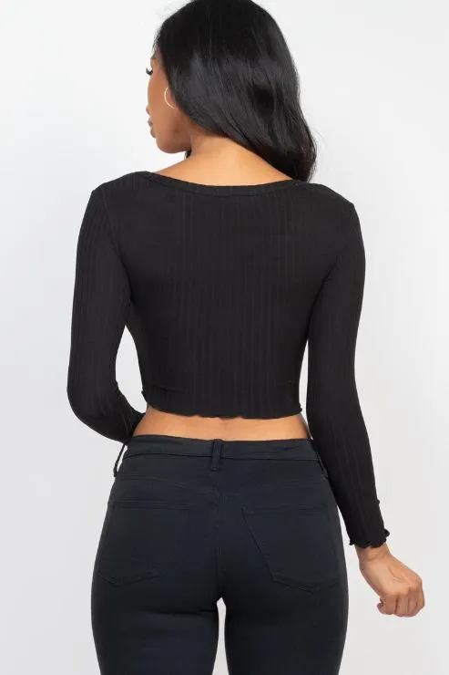 Ribbed Button Front Split Long Sleeve Top