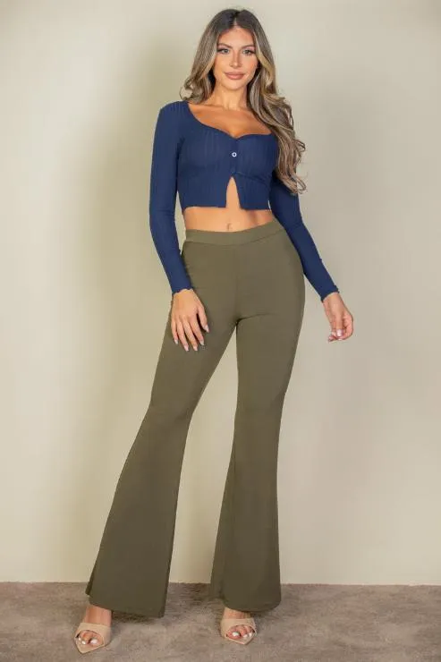 Ribbed Button Front Split Long Sleeve Top