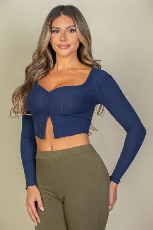 Ribbed Button Front Split Long Sleeve Top