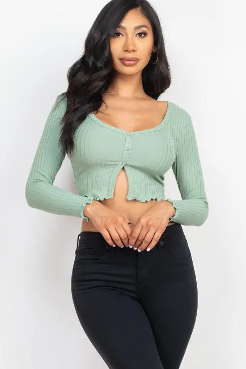 Ribbed Button Front Split Long Sleeve Top