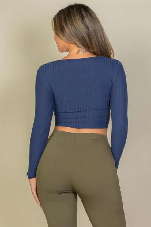 Ribbed Button Front Split Long Sleeve Top