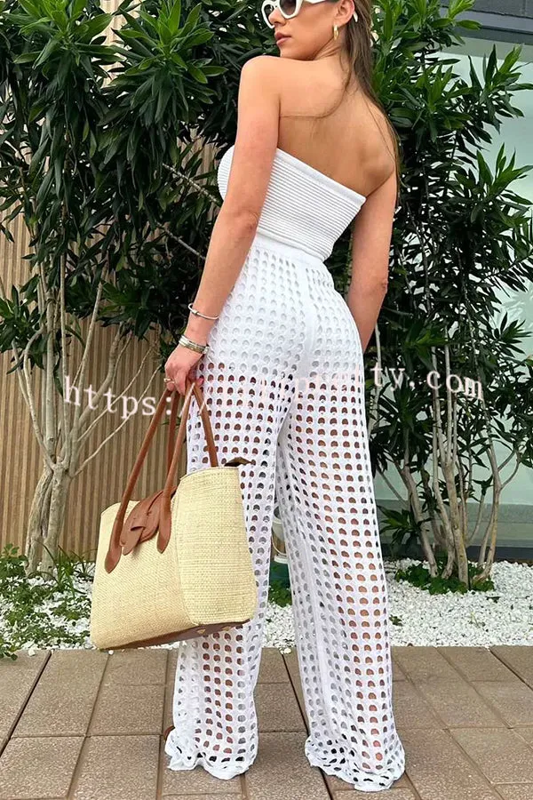 Riley Knit Front Knotted Bandeau and Stretch Hollow Out Wide Leg Pants Set