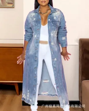 Ripped Raw Hem Button Front Longline Denim Coat Women Cardigan Breasted Holes Jackets Pockets High Street Outerwear Autumn