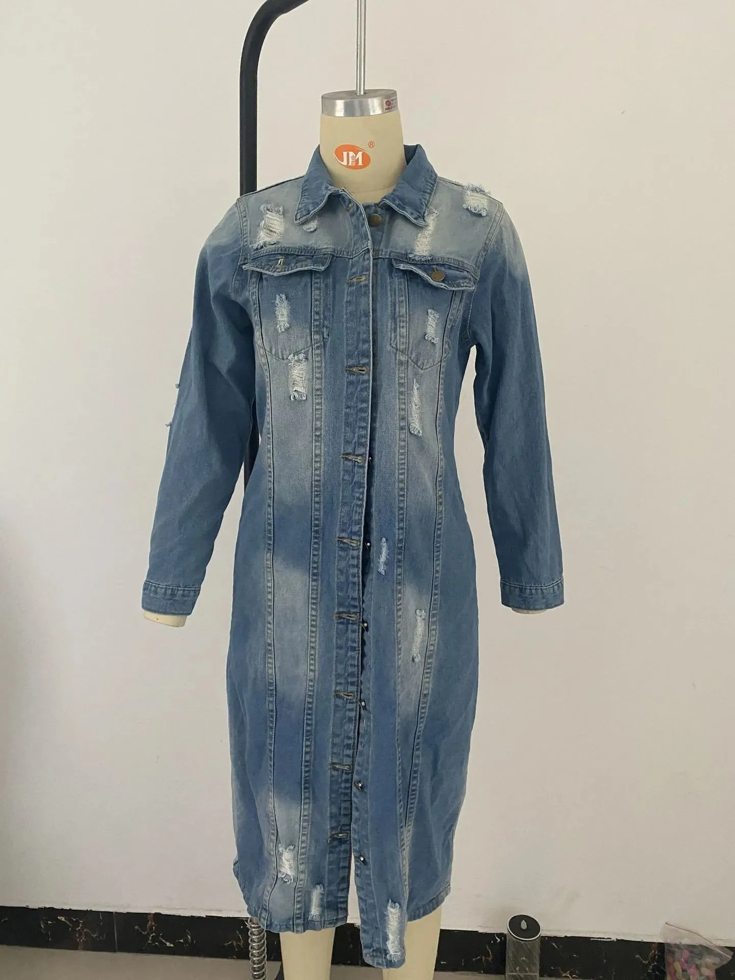 Ripped Raw Hem Button Front Longline Denim Coat Women Cardigan Breasted Holes Jackets Pockets High Street Outerwear Autumn