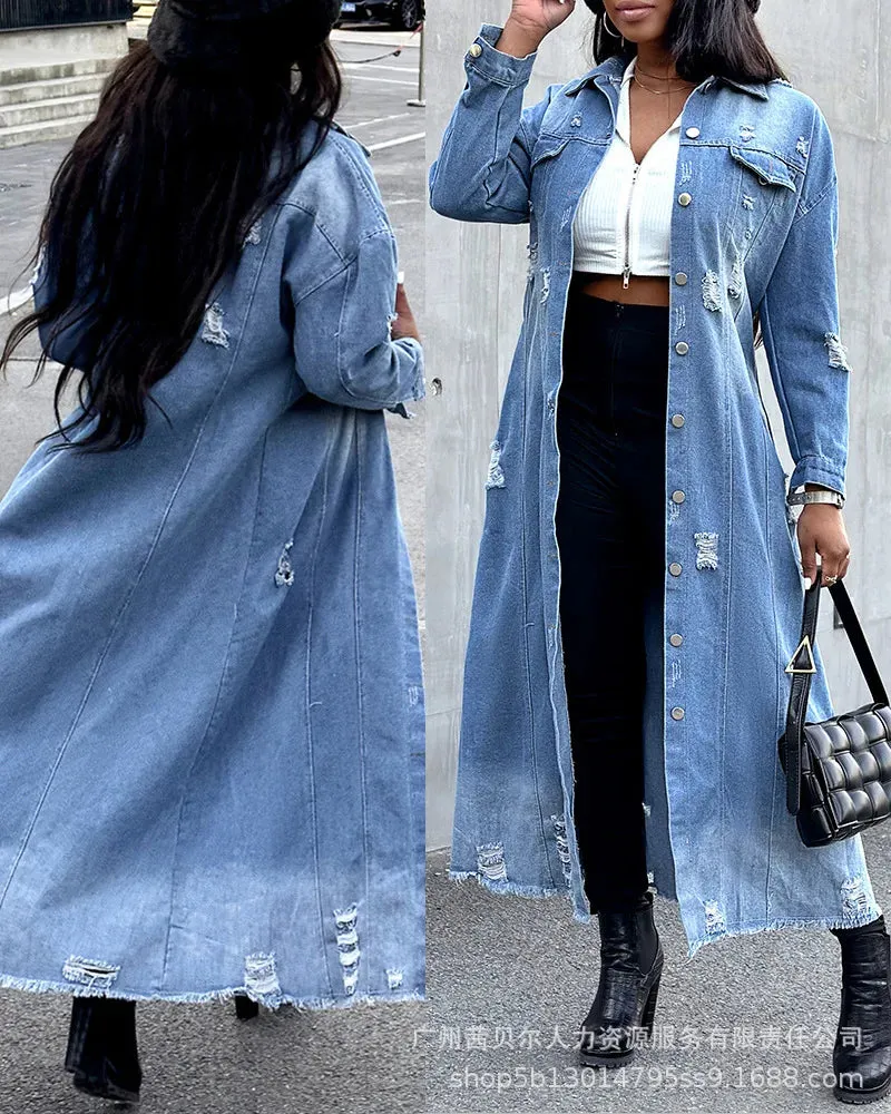 Ripped Raw Hem Button Front Longline Denim Coat Women Cardigan Breasted Holes Jackets Pockets High Street Outerwear Autumn