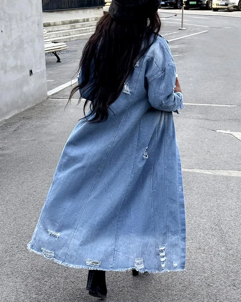 Ripped Raw Hem Button Front Longline Denim Coat