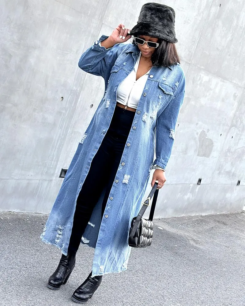 Ripped Raw Hem Button Front Longline Denim Coat