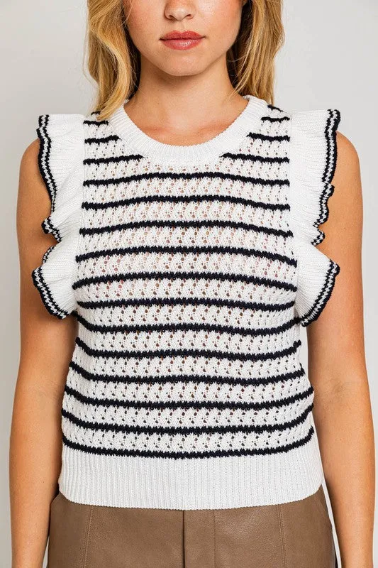 Round Neck Ruffle Sleeve Stripe Knit Top, Le Lis (online only)