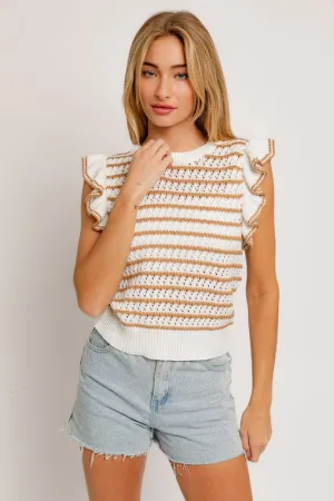 Round Neck Ruffle Sleeve Stripe Knit Top, Le Lis (online only)