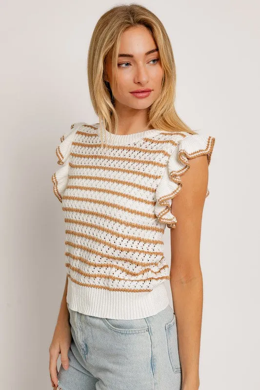 Round Neck Ruffle Sleeve Stripe Knit Top, Le Lis (online only)