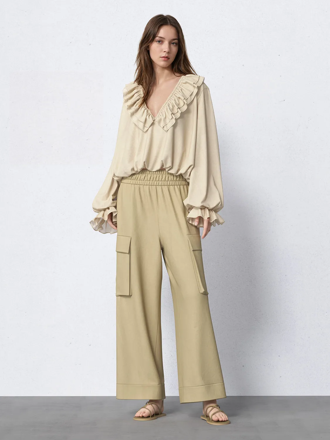 Ruffle Collar V-Neck Loose Blouses