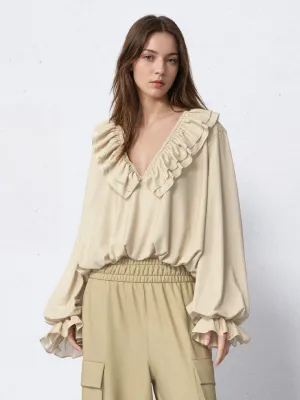 Ruffle Collar V-Neck Loose Blouses
