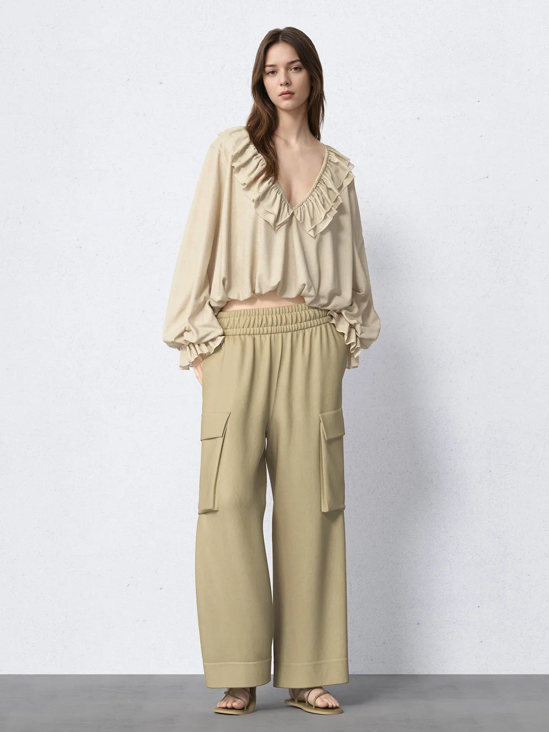 Ruffle Collar V-Neck Loose Blouses