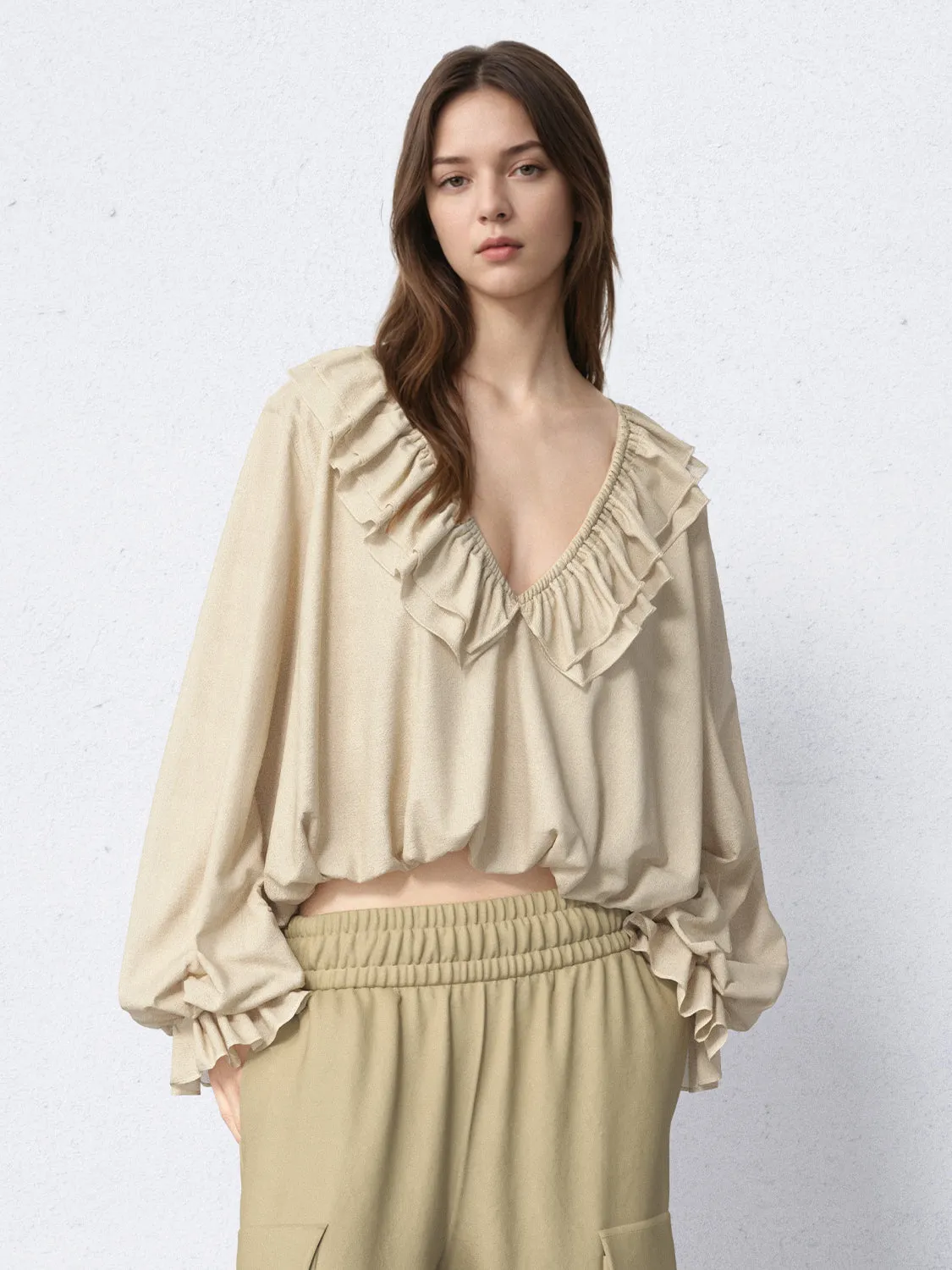 Ruffle Collar V-Neck Loose Blouses