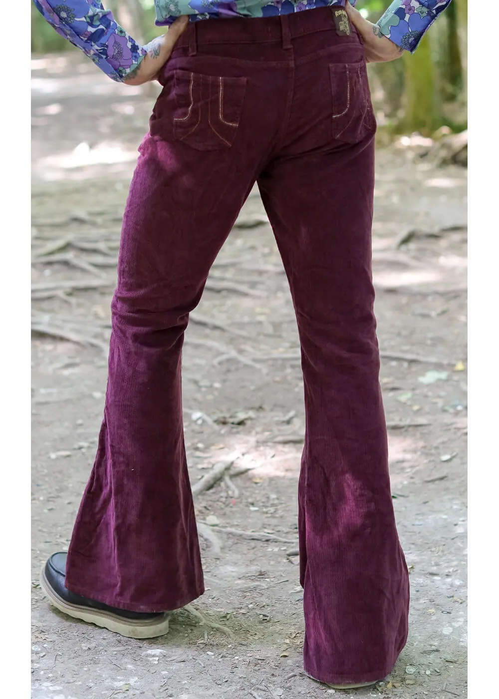 Run & Fly Mens Corduroy 70's Flare Trousers Burgundy