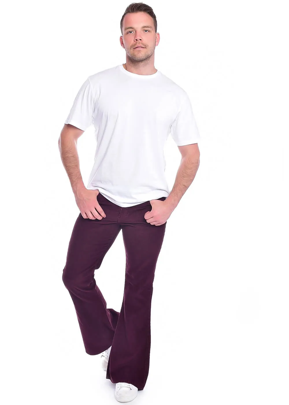 Run & Fly Mens Corduroy 70's Flare Trousers Burgundy