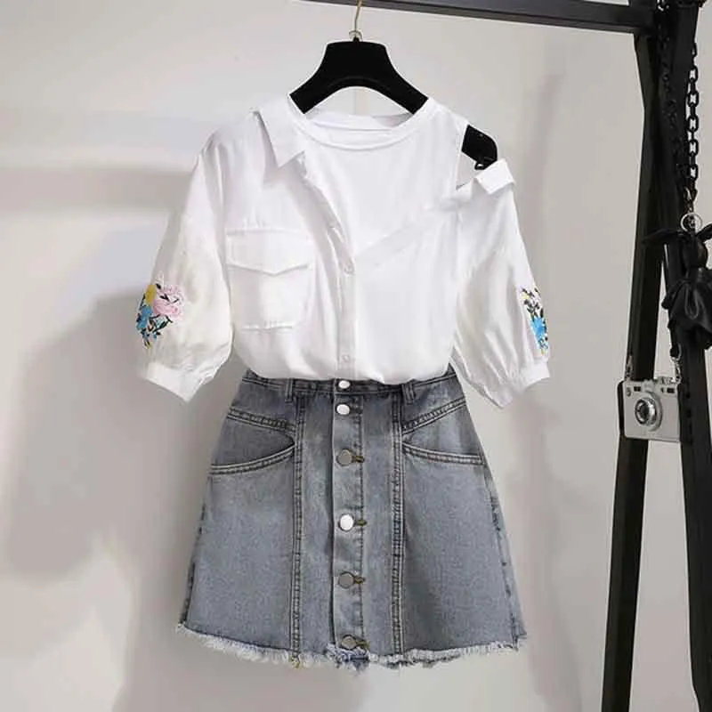 S-XL Summer Women O-neck Off Shoulder Irregular Striped T-shirt Sexy Denim Shorts 2pcs Office Lady T-shirt Button Shorts Suit