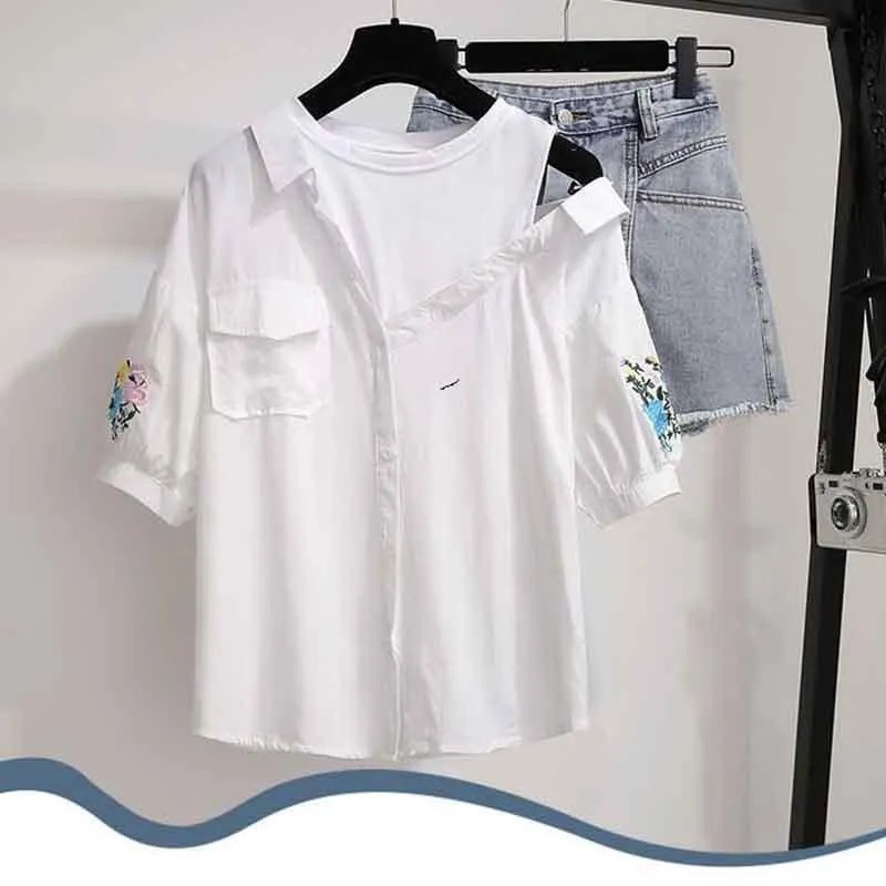 S-XL Summer Women O-neck Off Shoulder Irregular Striped T-shirt Sexy Denim Shorts 2pcs Office Lady T-shirt Button Shorts Suit