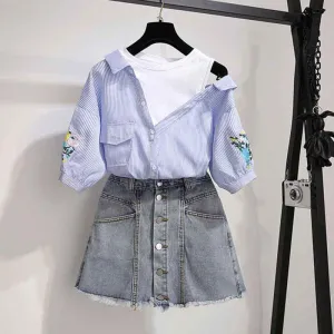 S-XL Summer Women O-neck Off Shoulder Irregular Striped T-shirt Sexy Denim Shorts 2pcs Office Lady T-shirt Button Shorts Suit