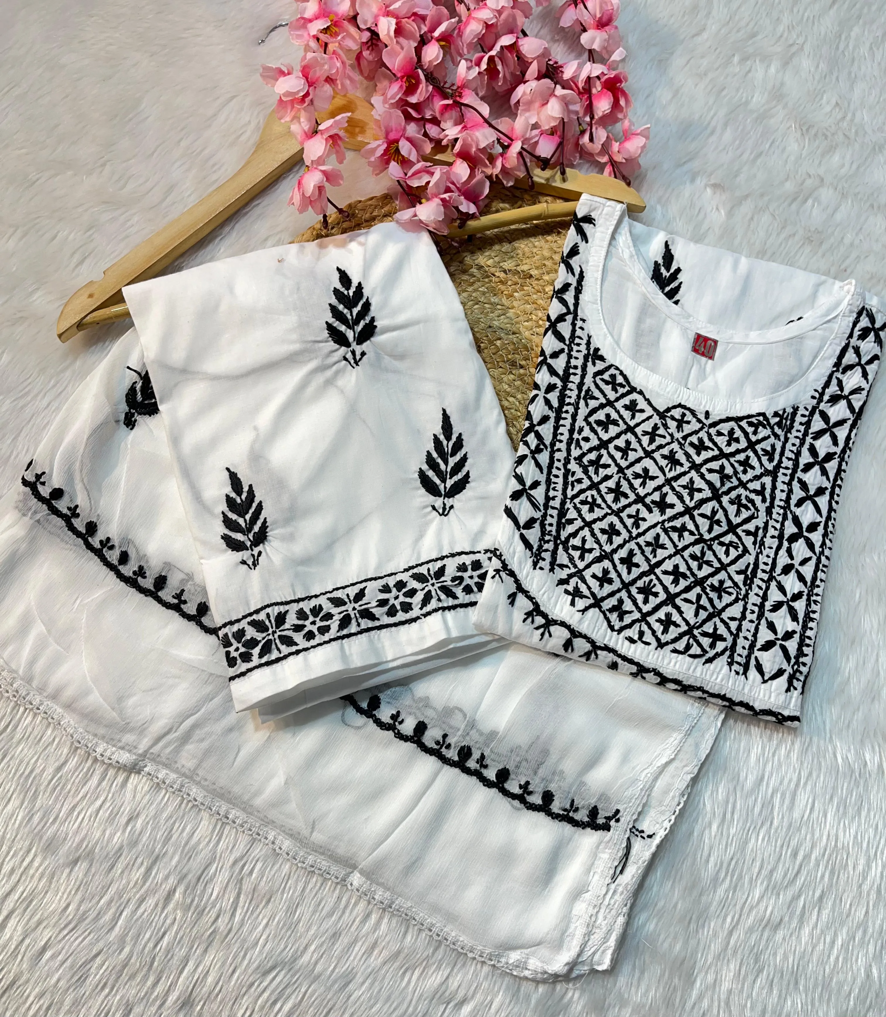 Sahiba Pretty White Lucknowi Chikankari cotton Kurti With Pant and Dupatta