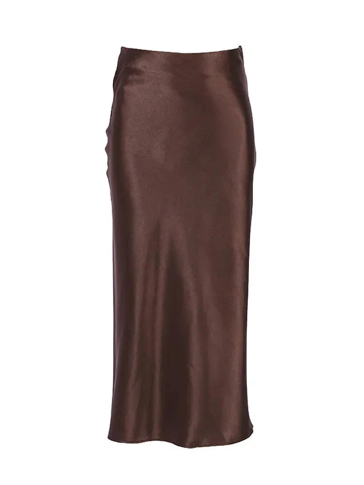Satin Silk Skirt Women High Waisted Summer Long Skirt Ladies Office Skirts Midi Spring