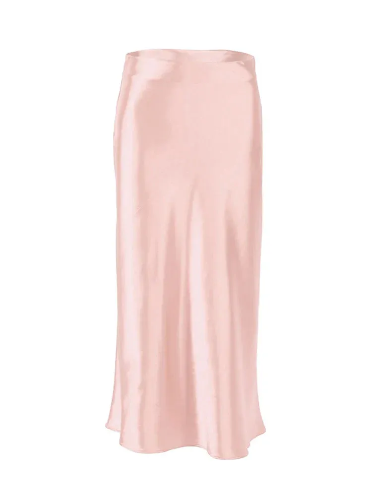 Satin Silk Skirt Women High Waisted Summer Long Skirt Ladies Office Skirts Midi Spring