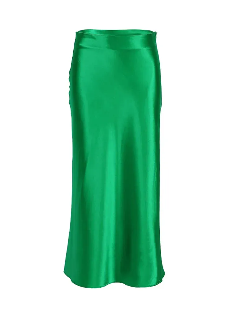 Satin Silk Skirt Women High Waisted Summer Long Skirt Ladies Office Skirts Midi Spring