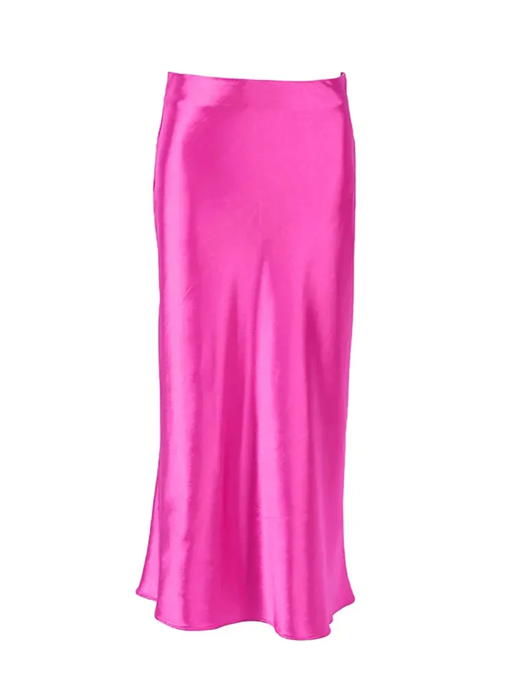 Satin Silk Skirt Women High Waisted Summer Long Skirt Ladies Office Skirts Midi Spring