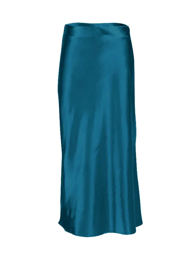 Satin Silk Skirt Women High Waisted Summer Long Skirt Ladies Office Skirts Midi Spring