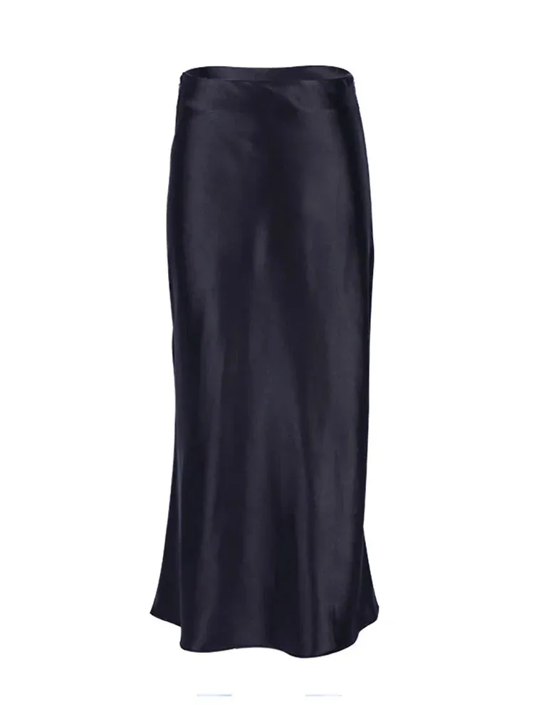 Satin Silk Skirt Women High Waisted Summer Long Skirt Ladies Office Skirts Midi Spring
