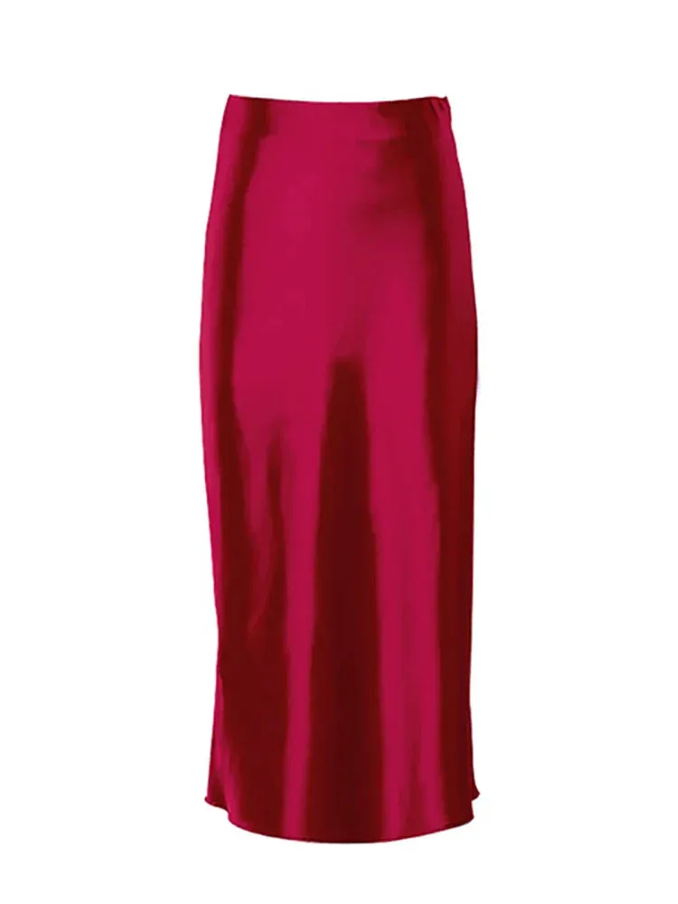 Satin Silk Skirt Women High Waisted Summer Long Skirt Ladies Office Skirts Midi Spring