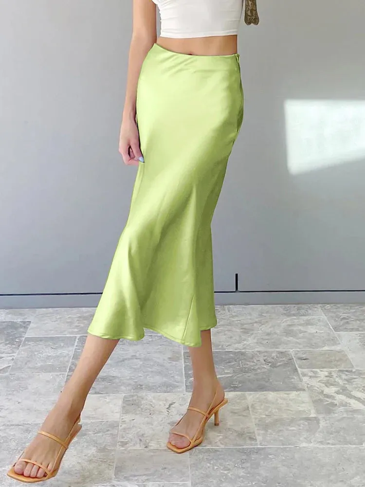 Satin Silk Skirt Women High Waisted Summer Long Skirt Ladies Office Skirts Midi Spring