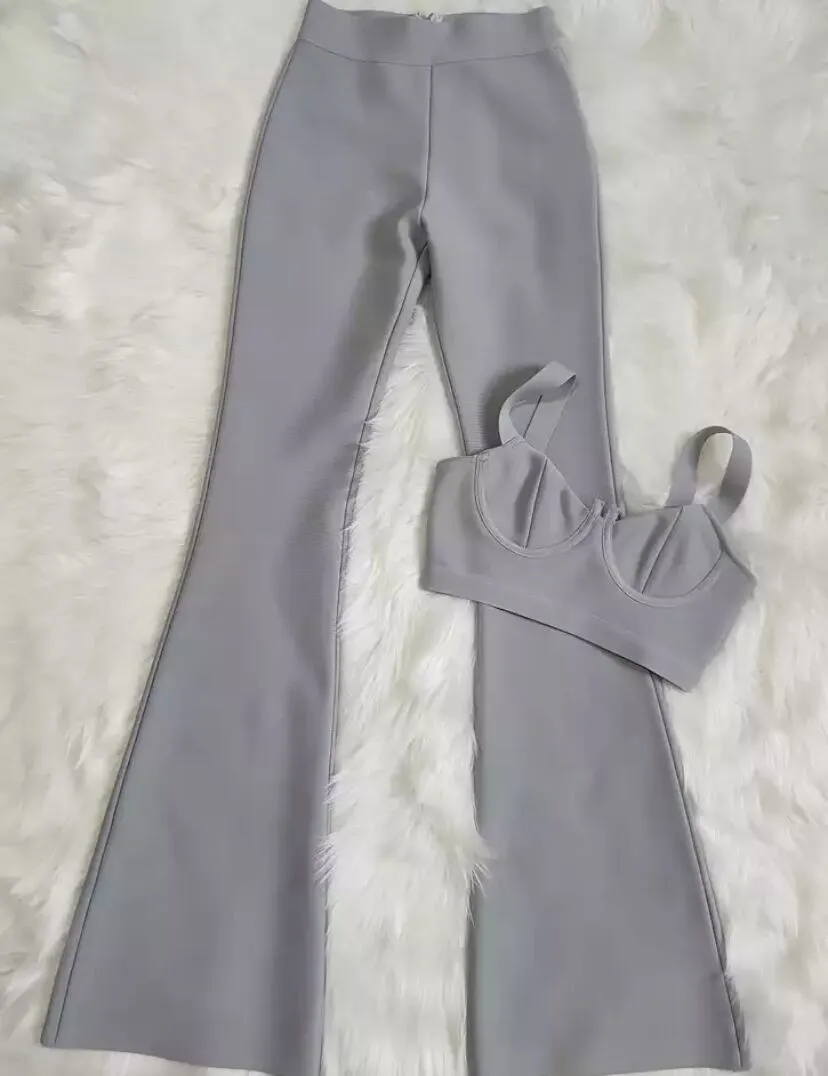 Sexy Bandage Two-piece Set Tight Short Top & High Waist Flared Trousers Pants Set