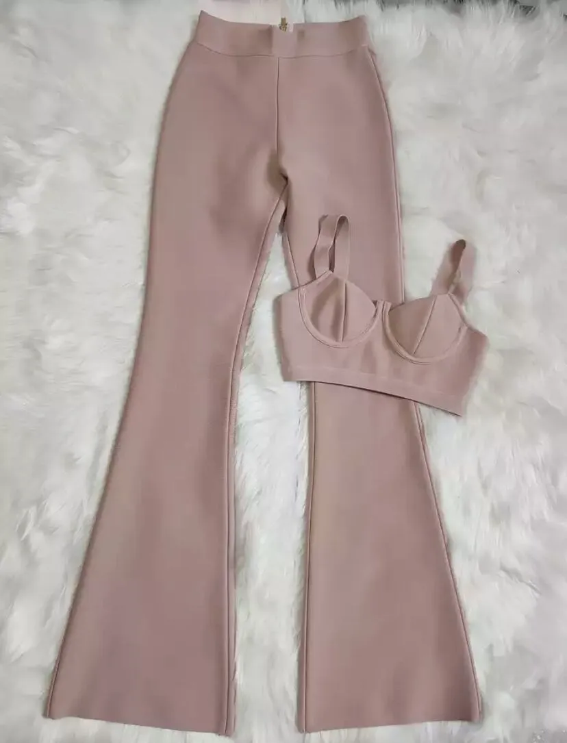 Sexy Bandage Two-piece Set Tight Short Top & High Waist Flared Trousers Pants Set