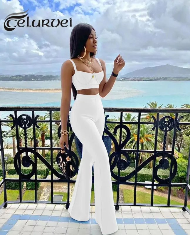 Sexy Bandage Two-piece Set Tight Short Top & High Waist Flared Trousers Pants Set
