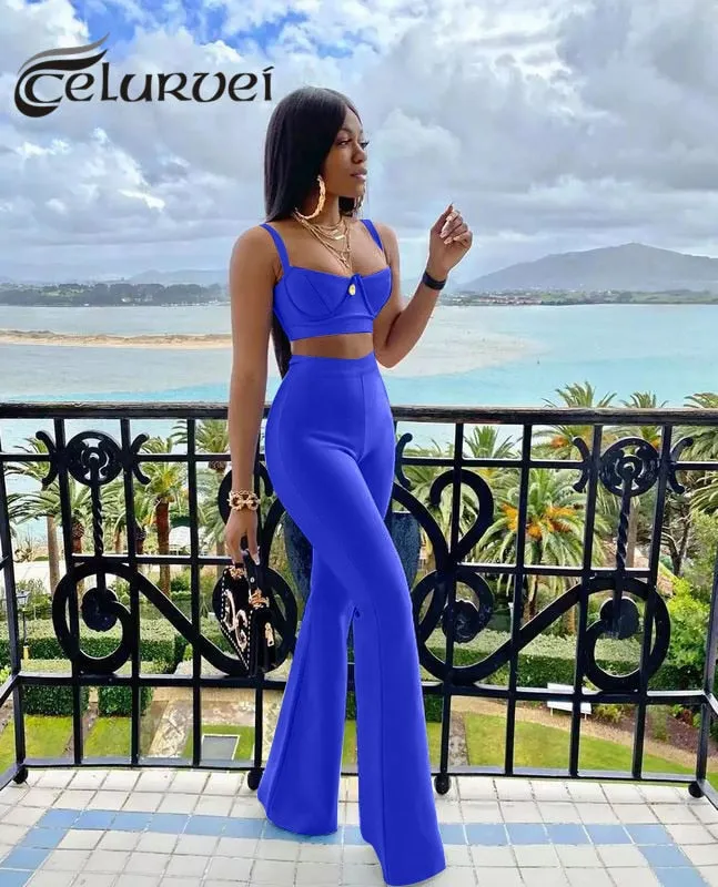 Sexy Bandage Two-piece Set Tight Short Top & High Waist Flared Trousers Pants Set
