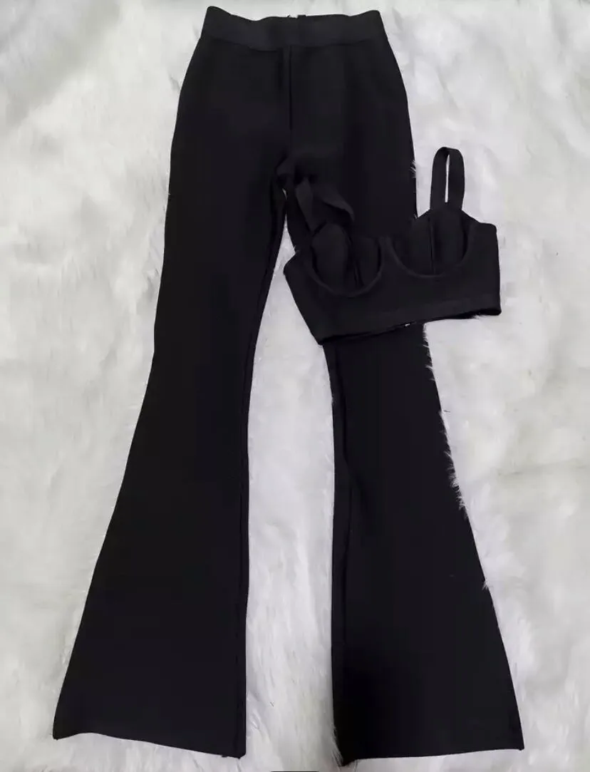 Sexy Bandage Two-piece Set Tight Short Top & High Waist Flared Trousers Pants Set