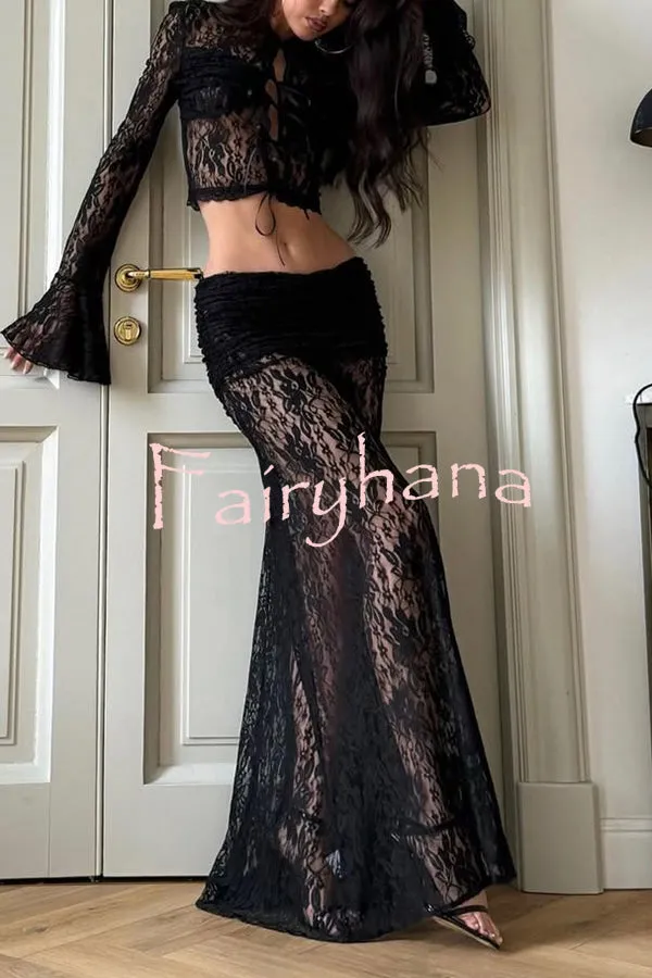 Sexy Lace Long-sleeve Lace-up Top and Pleated Sheer Maxi Skirt Set