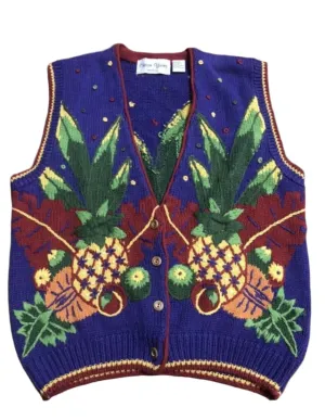 Sharon Young Women's Purple Fruit Sweater Vest, Funky and Fun Design  Size Medium