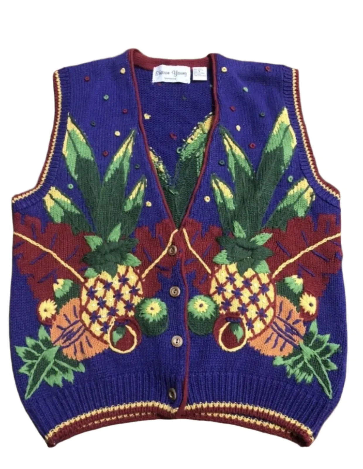 Sharon Young Women's Purple Fruit Sweater Vest, Funky and Fun Design  Size Medium