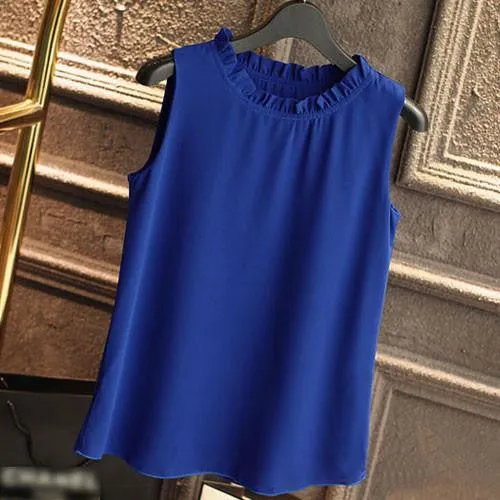 Shirt Women Chiffon Tops White Sleeveless Blouses For Women Clothes Ruffle Elegant Vintage Feminine Shirts T098